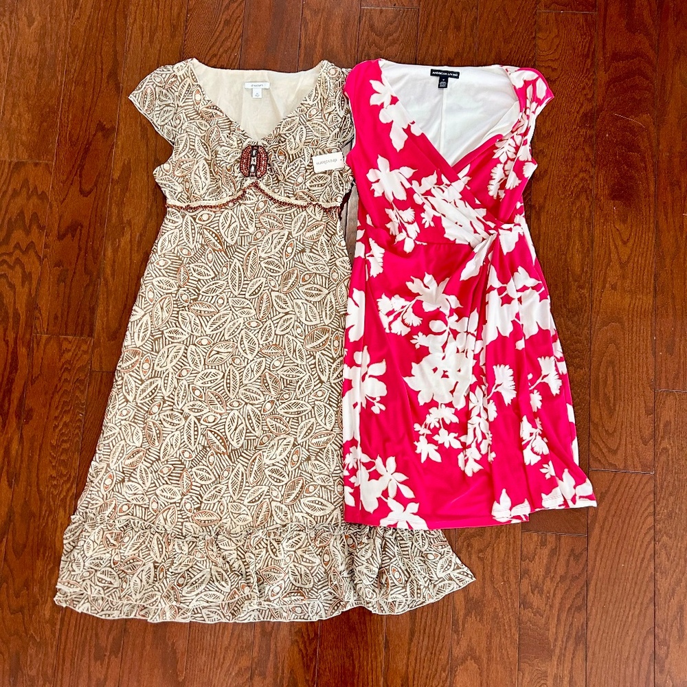 Lot of 2 Women's Dresses Stretch Fauz Wrap Pink Hawaiian Tan Tribal Pattern NWT